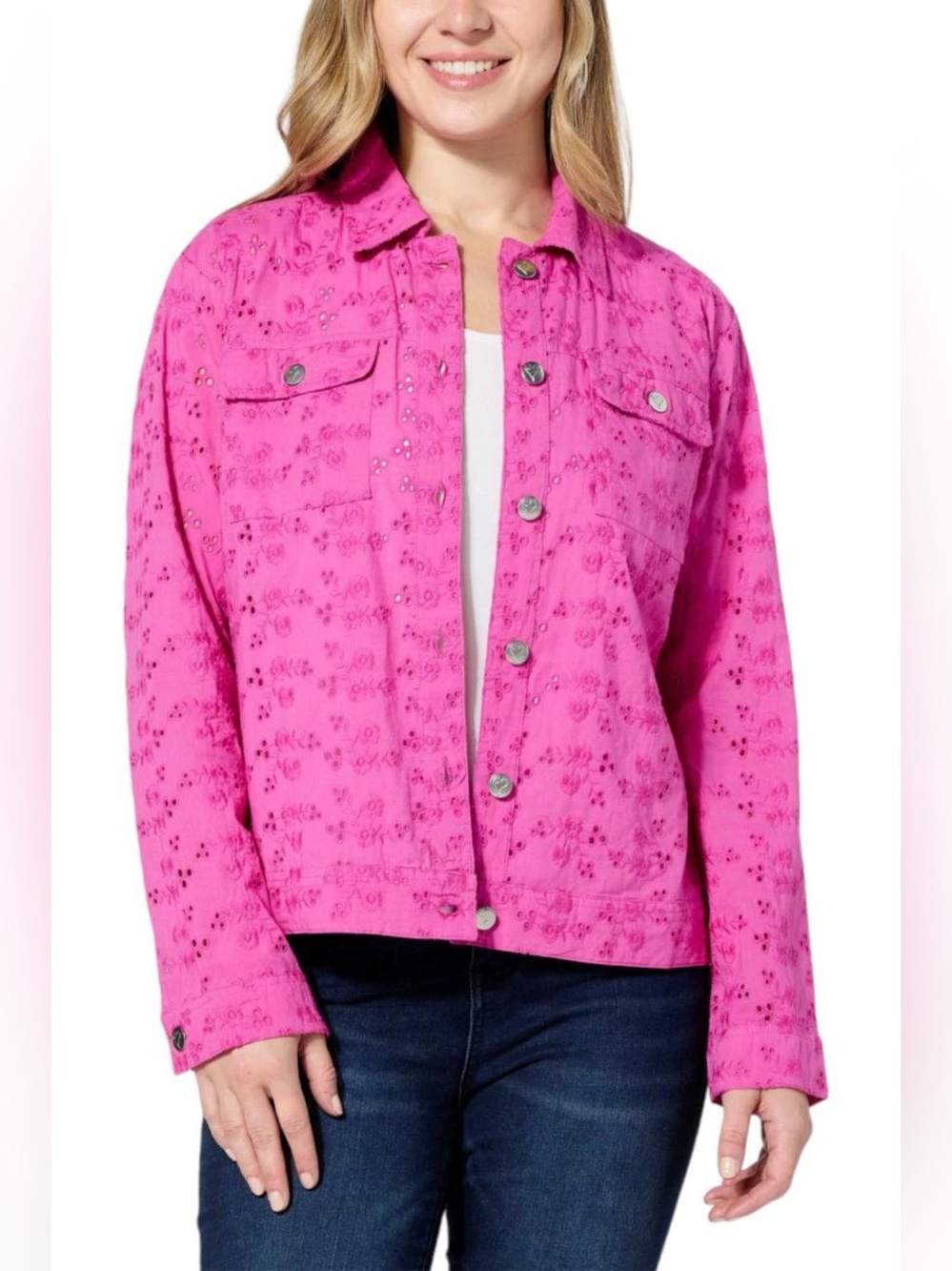 Colleen Lopez Eyelet Lace Lightweight Jacket Fuschia 1X